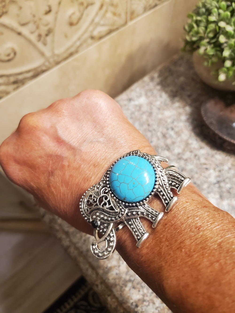Turquoise Stone Silver Elephant Cuff Bracelet - Women Jewelry